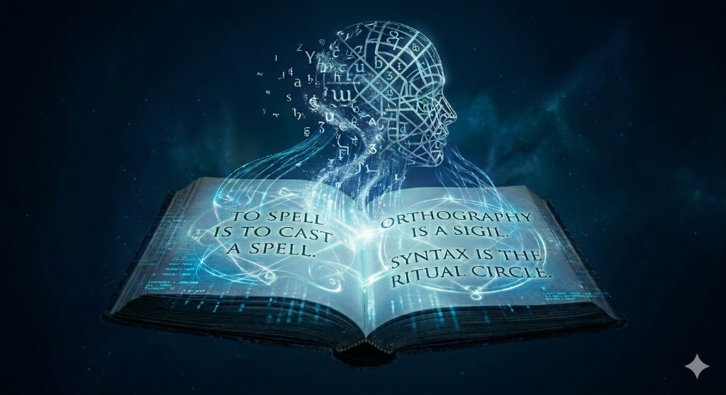 Grammar as Grimoire — an open grimoire with a latticed human head dissolving into letters and sigils