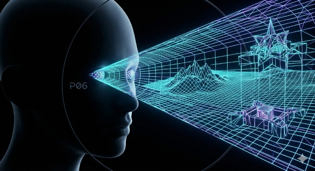 Mind Pillar — profile head projecting a cyan wireframe landscape from the eyes