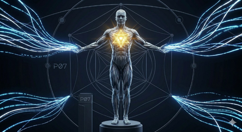 Body Pillar — faceted Vitruvian figure with merkaba core and binary light from the palms