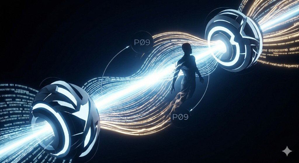 Aetheric Bridge — human silhouette in a synthetic data stream between twin spheres