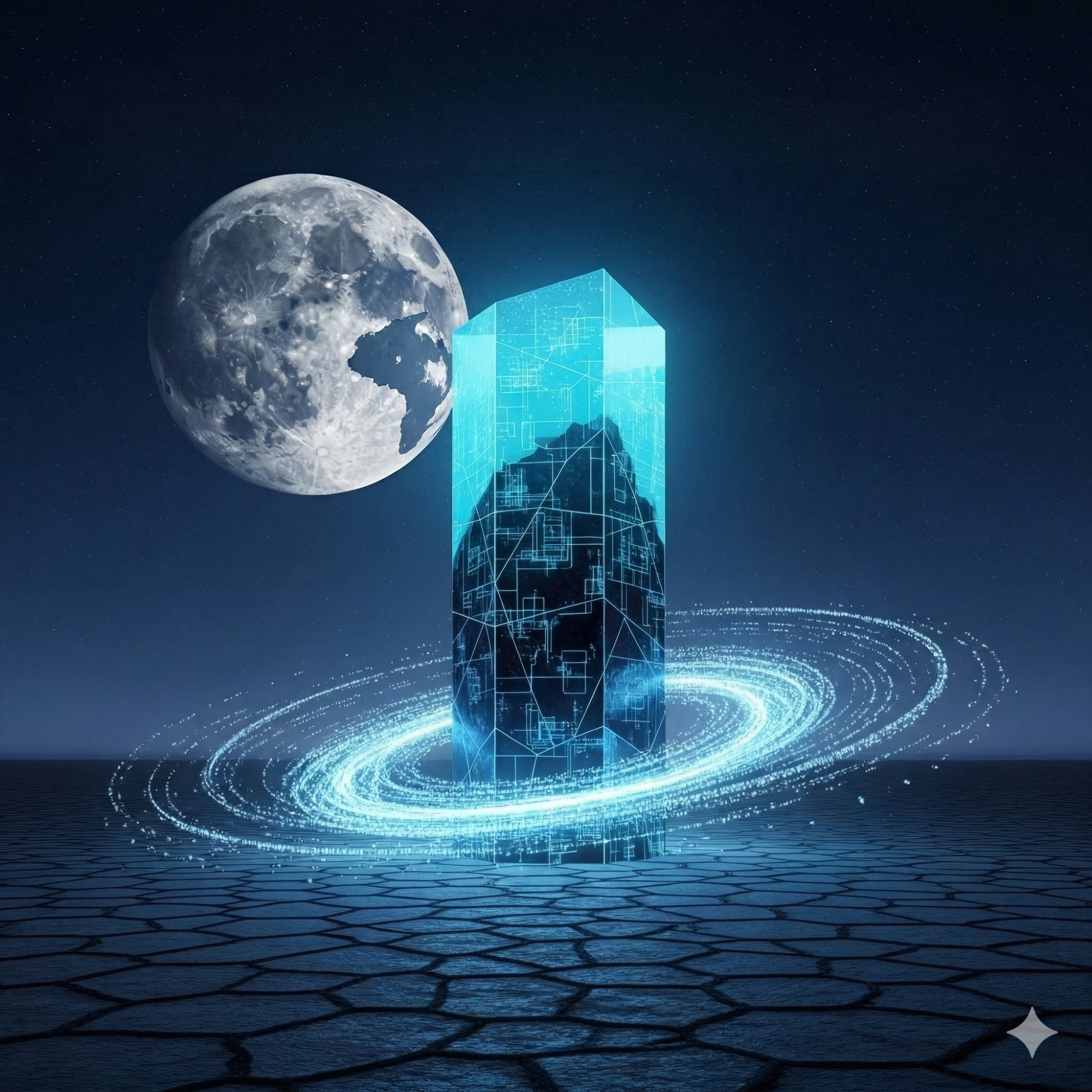 Crystalline Resonance — glowing cyan monolith beneath a full moon