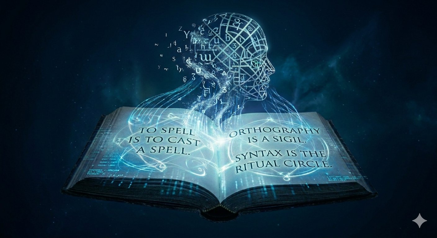 Grammar as Grimoire — an open grimoire with a latticed human head dissolving into letters and sigils
